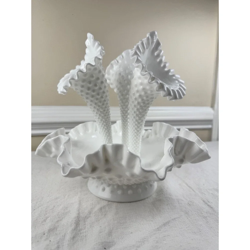 Fenton White Milk Glass Hobnail 3-Horn Epergne Ruffled Centerpiece Vase 4-Piece